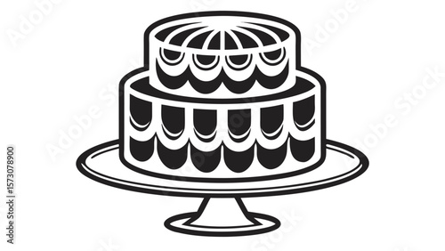 Stylized black and white two tier cake on a pedestal stand