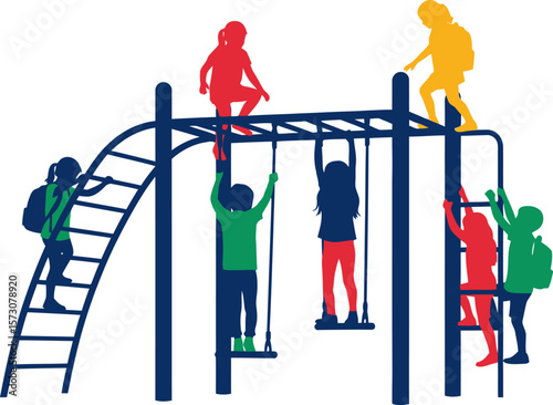Children playing on playground equipment silhouette vector illustration