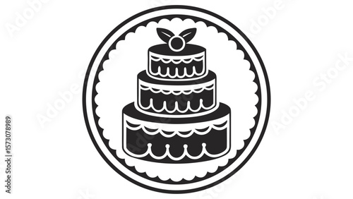 Elegant black and white silhouette of a three tiered cake with decorative border