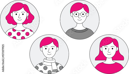 Cartoon avatars profile pictures design vector illustration set of four different people with pink hair