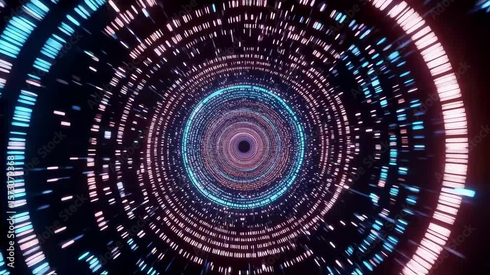 Glowing binary code lines creating concentric circles in a futuristic hyperspace tunnel, with light trails racing toward a central vanishing point, evoke rapid technological advancement