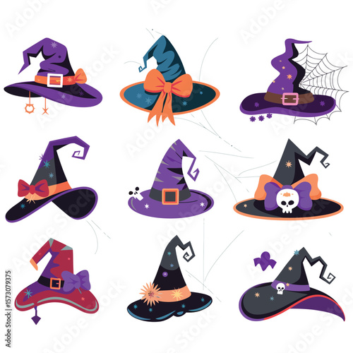 Editable Halloween hat icons, cartoon witch, sorcerer and magician caps decorated with spiderwebs and gold stars

