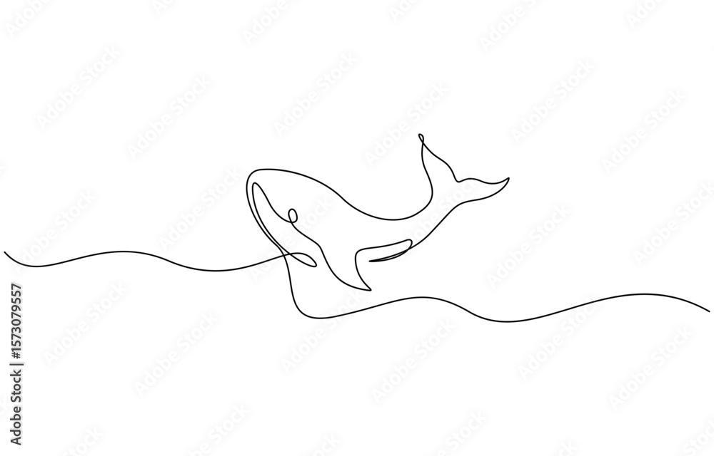 Fototapeta premium Continuous line whale tail drawing minimalist ocean outline vector illustration, Dot to dot line connect the dot drawing For children to learn to draw lines along.