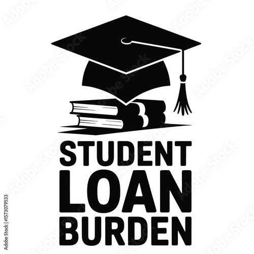 Black and white vector illustration of student loan burden with graduate holding heavy debt under graduation cap symbolizing financial pressure