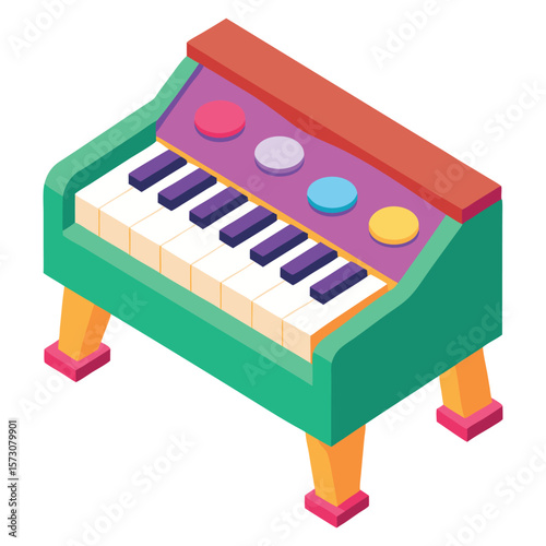Colorful toy grand piano with colorful buttons on a white background