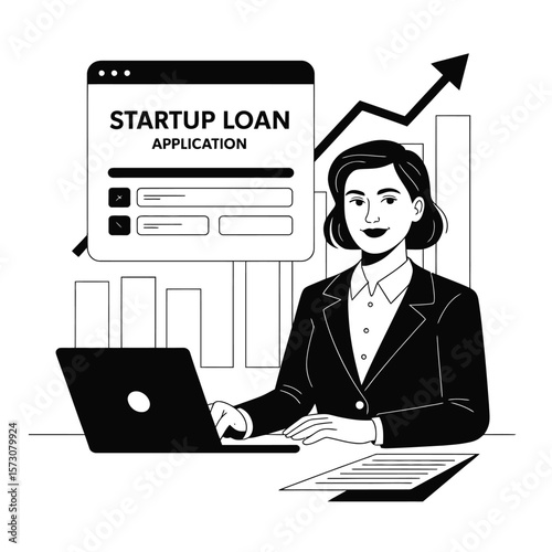 Black and white vector of confident female entrepreneur applying online for a startup loan with growth chart in the background