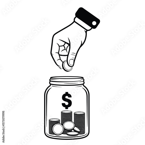 Black and white vector of a hand placing a coin into a glass jar, representing saving money, budgeting, and financial responsibility