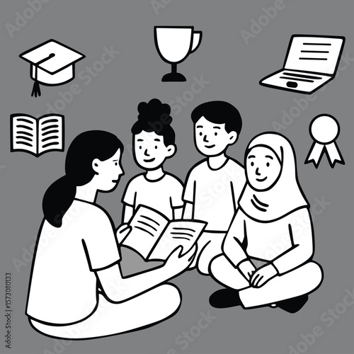 education, teacher, students, school, classroom, children, kids, diversity, multicultural, reading, learning, knowledge, illustration, flat design, sitting group, study, academic, teamwork, female te
