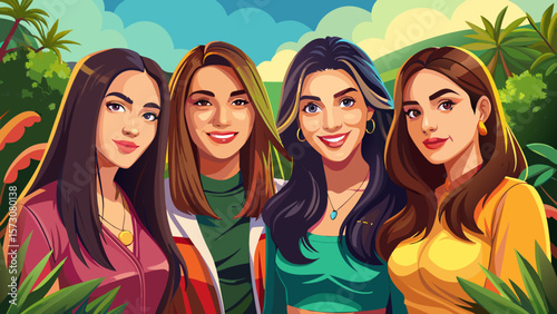 Four Diverse Young Women Friends Smiling Together Outdoors