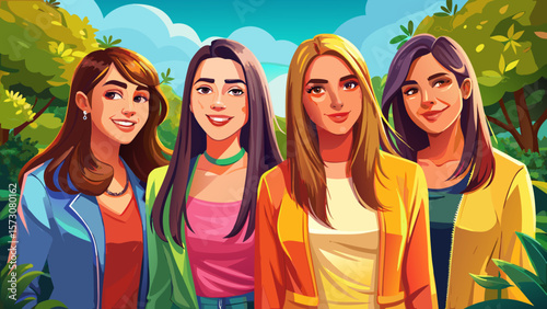 Four Diverse Young Women Friends Smiling Together Outdoors