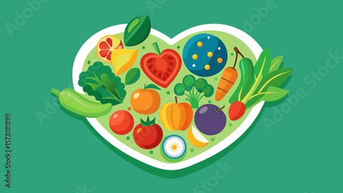 Heart Shaped Plate of Fresh Fruits and Vegetables Healthy Eating Concept