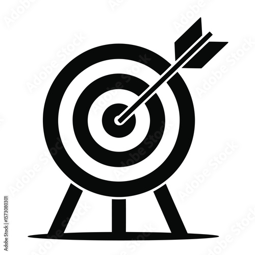 Black and white vector of finance arrow hitting target symbolizing goal achievement and financial success in minimalist style