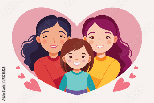 Happy Lesbian Couple with Their Adorable Daughter in Heart Frame