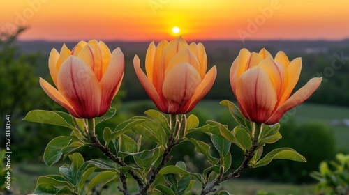 Three peachy-orange magnolia blossoms at sunset