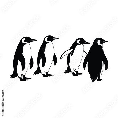 Set of Four Penguin Silhouettes Vector Illustration.
