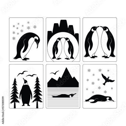 Penguin and Nature Silhouette Set Vector Illustration.