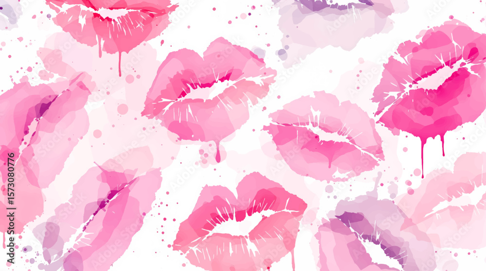 Watercolor seamless pattern lips, A seamless pattern background radiating sweetness and love. Watercolor lips in soft pinks and reds form a dynamic repeating pattern, playfully leaving kiss	