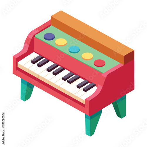 Colorful toy grand piano with keys and buttons on a white background