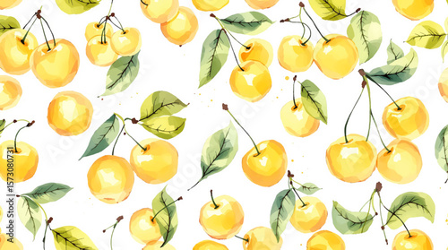 Watercolor background pattern yellow cherries on white background

