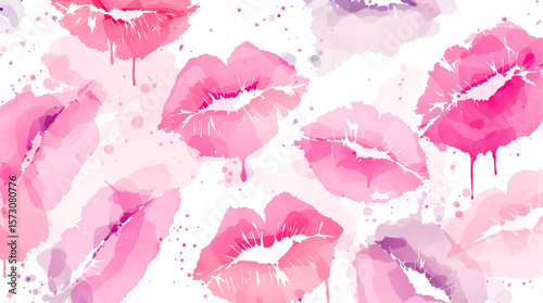 Watercolor seamless pattern lips, A seamless pattern background radiating sweetness and love. Watercolor lips in soft pinks and reds form a dynamic repeating pattern, playfully leaving kiss	