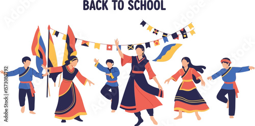 Back to school celebration with traditional dance and colorful flags vector