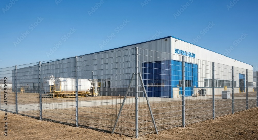 Obraz premium Modern Industrial Building with Solar Panels on the Roof Viewed Through a Fence