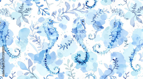 Watercolor pattern sea ​​horse on white background
