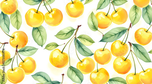 Watercolor background pattern yellow cherries on white background