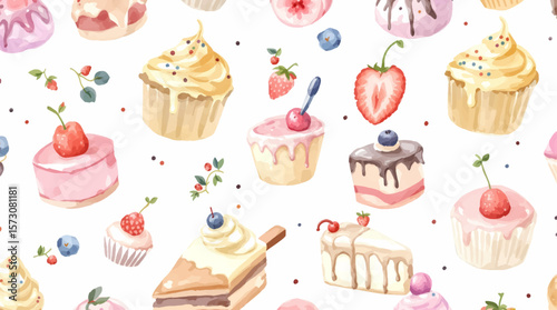 Watercolor Sweet desserts pattern on white background
