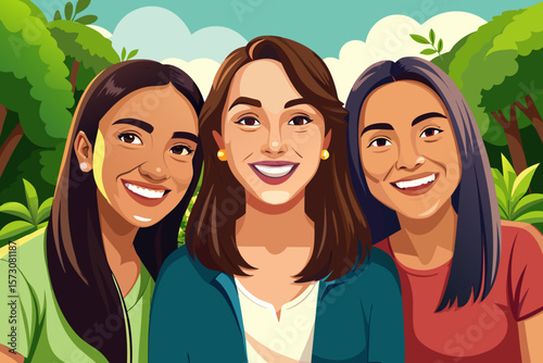 Three Smiling Latina Women Friends in a Park Setting