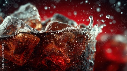Coke bubbles and ice. Dynamic Splash. Refreshing Soft Drink with Ice Cubes. Cola bubbles.