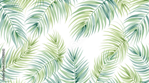 Watercolor background pattern palm leaves on white background