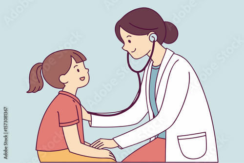 Female pediatrician using stethoscope to examine smiling young girl