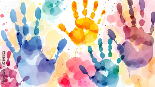 Watercolor pattern color children's handprints on white background	
