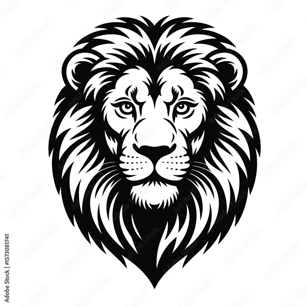 Fototapeta premium Bold lion head with intense gaze and textured mane black and white vector illustration on white background