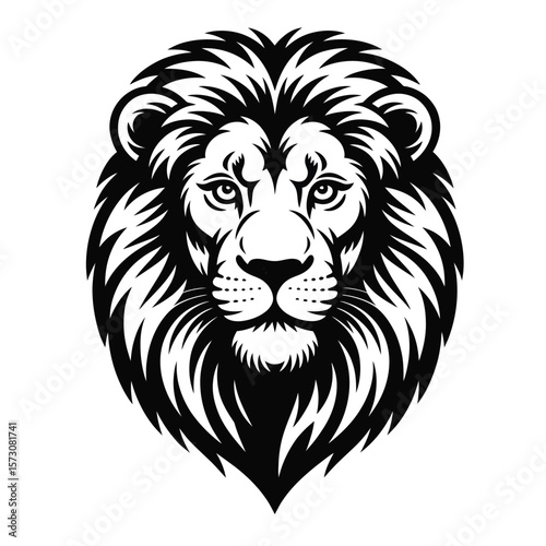 Bold lion head with intense gaze and textured mane black and white vector illustration on white background