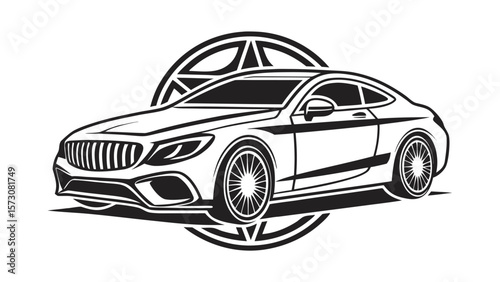 Sleek black and white coupe sports car silhouette with abstract circular design