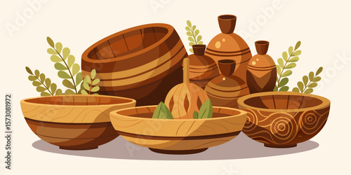 Collection of Wooden Bowls and Pottery Vases with Greenery
