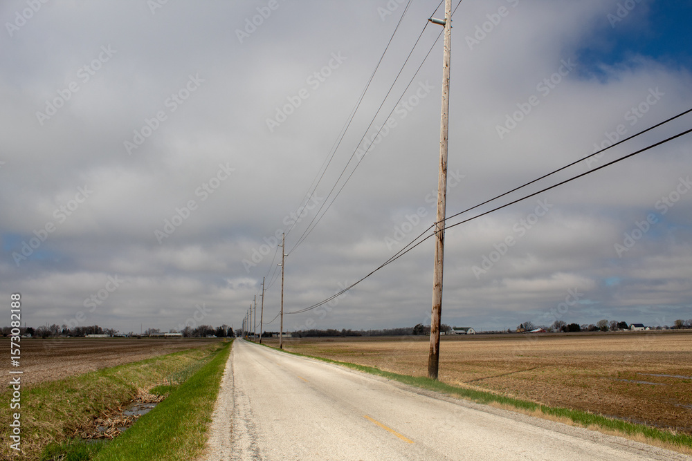 Fototapeta premium A road along the countryside with farm land on both sides of the road. View of utility poles.