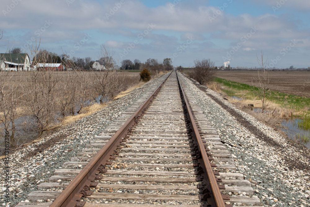 Fototapeta premium View of railroad tracks in the countryside. Path ahead or journey concept.