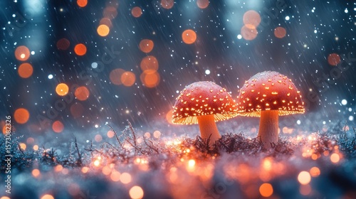 Two glowing red mushrooms in a mystical forest setting