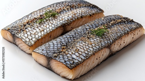 Two seasoned fish fillets, light brown, gray scales