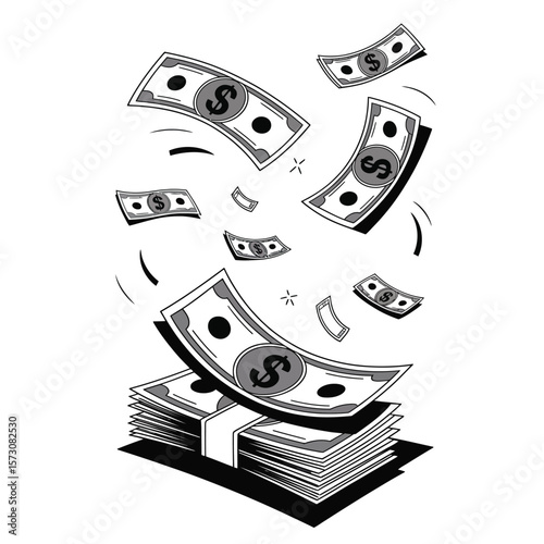 Dollar bills flying in air income metaphor black and white vector illustration