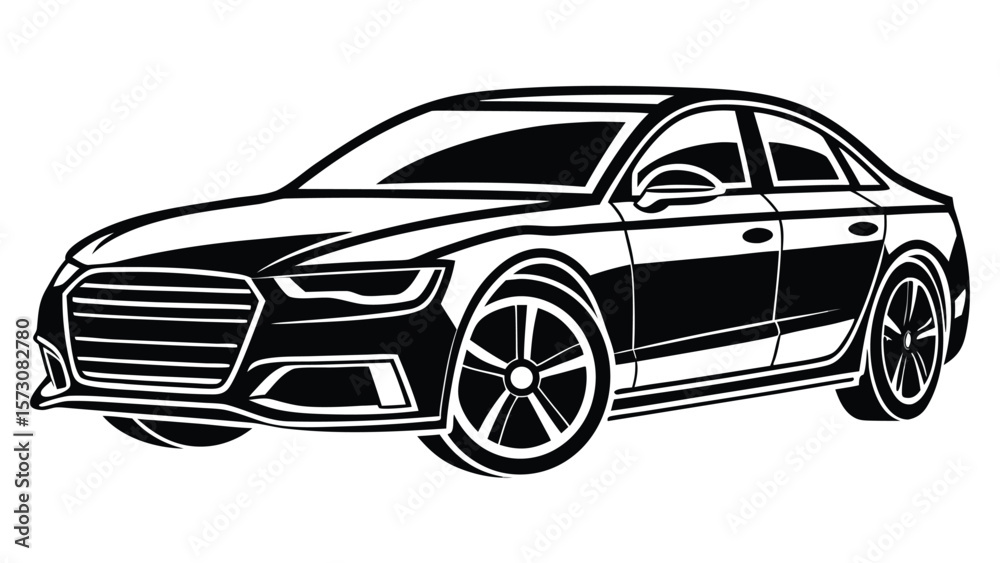 Naklejka premium Modern luxury sedan car silhouette in black and white vector art