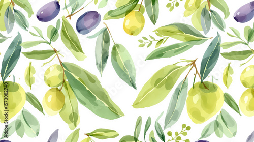 Watercolor pattern Green olives on white background
