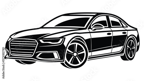 Modern luxury sedan car silhouette in black and white vector art