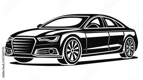 Sleek black luxury sedan car silhouette on white background
