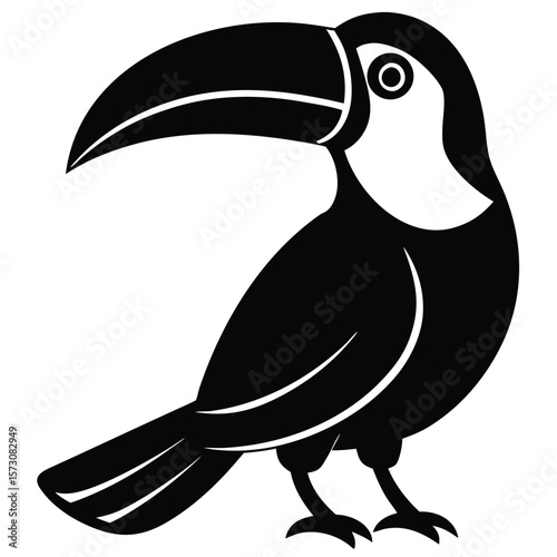 Elegant black toucan silhouette showcases its distinctive large beak and stands out over a transparent background