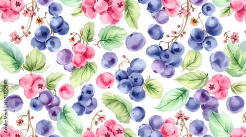 Seamless pattern of red, blue and purple berries on white background	
