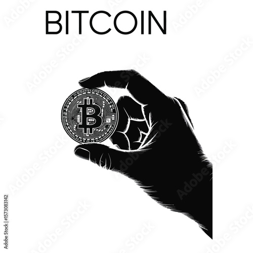 Hand holding bitcoin symbol in black and white vector illustration